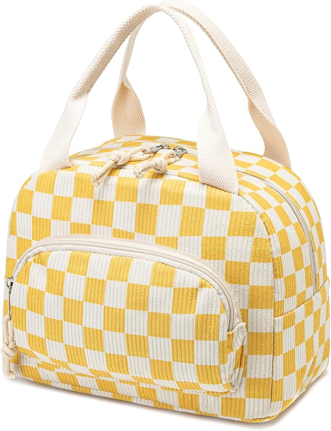 Lunch Bag Women Lunch Box for Women Adult Cute Insulated Lunch Bag Small Cooler Lunch Tote Bags for Work Picnic Travel (Beige-Yellow Plaid)