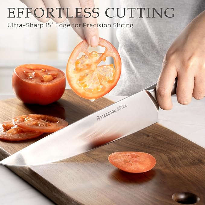Astercook Knife Set, Kitchen Knives Set with Block and Sharpener Full Tang 15 Pcs Premium Stainless Steel Knives, Dishwasher Safe Knife Set with Anti-slip Ergonomic Handle, Black