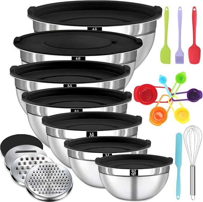 Mixing Bowls with Lids Set - 7 Nesting Mixing Bowls, 3 Graters, 11 Baking Tools, Airtight Lids, Stainless Steel Mixing Bowls for Mixing & Baking, Size 0.7/1.1/1.5/2.1/3.5/4/4.5 QT, Black