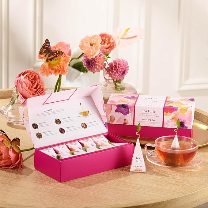 Tea Forte Easter Gifts for Adults -Premium Petite Presentation Box Gift Set Sampler, 10 Count, 2 of Each Blend Individually Wrapped Handcrafted Pyramid Infuser Bags, Mariposa Tea
