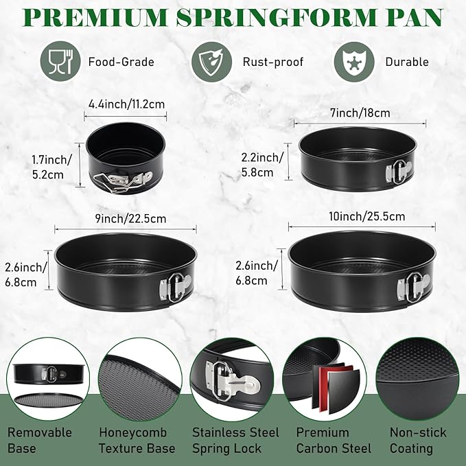 Tellshun 4 Pack Springform Pan Tins Set 4, 7, 9,10 Inch Baking Mold Round Leakproof Nonstick Removable Bottom Bakeware for Cake Cheesecakes Pie Pizza and Quiches