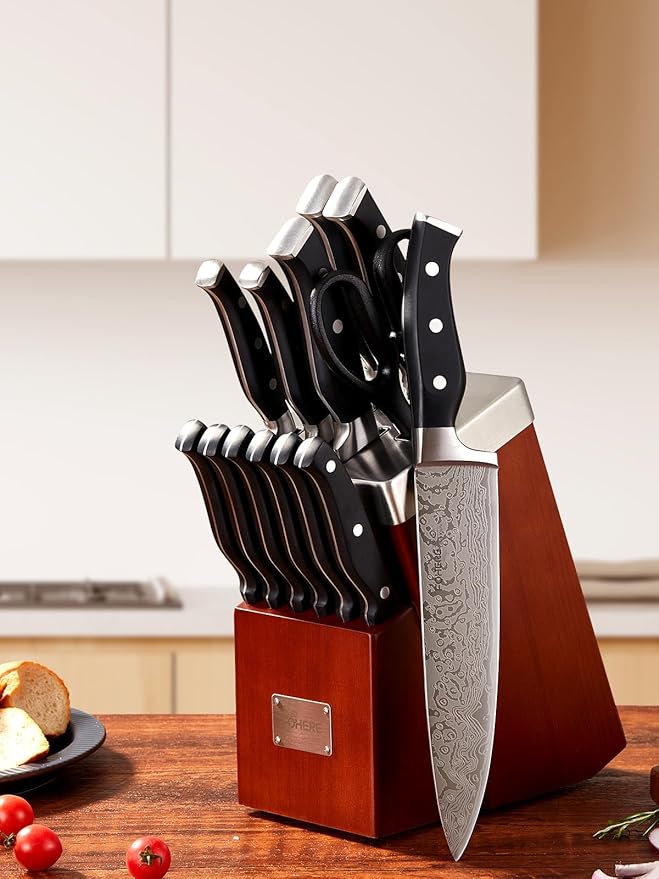 Knife Set, FOHERE 14 Pieces Self Sharpening Knife Block Set, Waved Pattern High Carbon Stainless Steel Knife Set, Rust & Stain Resistant Kitchen Knives and Triple Riveted Handle, Reddish Brown