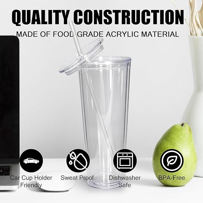 AGH 24Oz Snow Globe Tumbler(4 Pack) - Double Wall Acrylic Cups with Lids and Straws, Plastic Snow Globe Cups Pre Drilled with Hole Plug for Snowglobe DIY