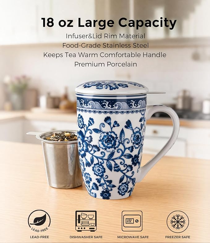 AmorArc Porcelain Tea Mug with Infuser and Lid – 18oz Loose Leaf Tea Cup with Handle, Gift for Tea Lovers (Men & Women)