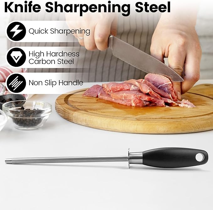 Kitchen Knife Sharpener Rod, Fast Sharpening Professional Blade Sharpener Carbon Steel, Chrome Plated Honing Rod With Hanging Hole, Black 8 Inch