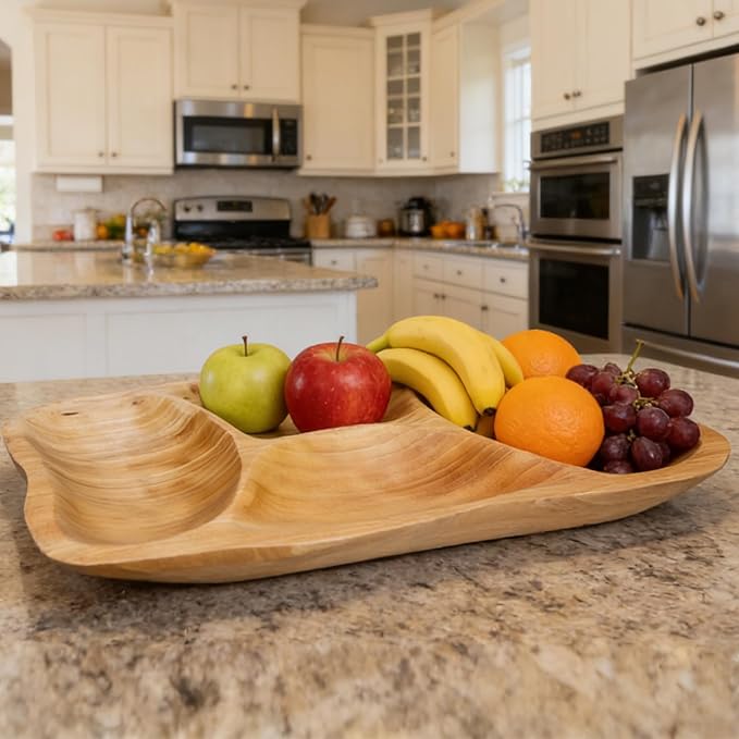 Natural Wood 4-Compartment Divided Fruit Tray, Live Edge Handmade Serving Platter for Snacks, Sandwiches, Appetizers, Unique Hand-Carved Rustic Design