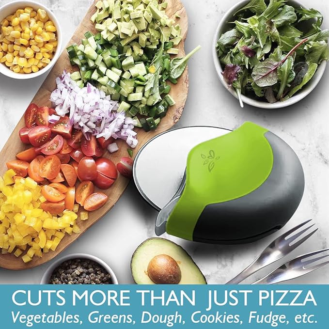 Green Pizza Cutter Wheel with Protective Blade Cover, improved, Super Sharp, Easy To Use and Clean, Slicer, Ergonomic Rubberized Grip, heavy dutty, Stainless Steel, Dishwater Safe
