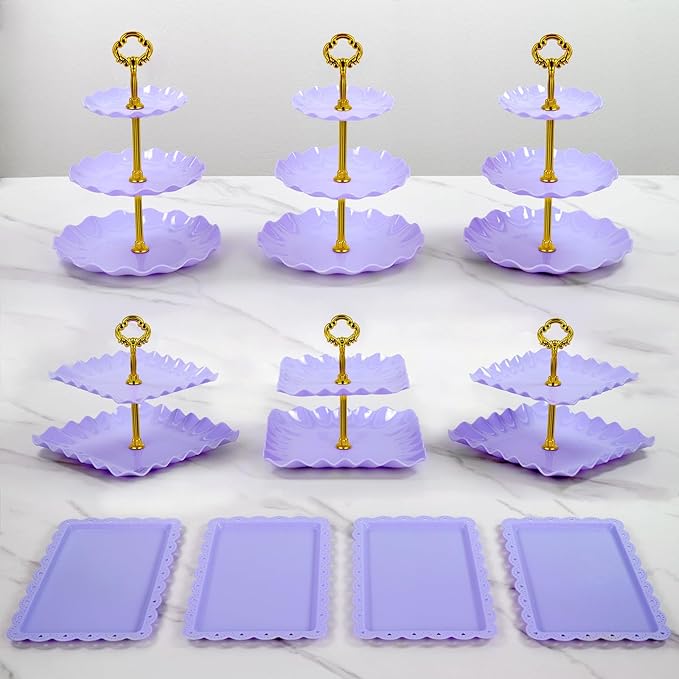 Pack of 10 NWK Cake Stand Set, with 3 x Two-Tier and 3 x Three-Tier Cupcake Stands, 4 x Appetizer Trays, 1 x Tablecloth for Birthday Bridal Baby Shower Party (Purple)