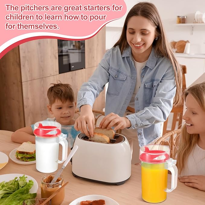 6 Pack Early Learning Kids Easy Pouring Mini Pitchers Clear Plastic Pitcher with Lid and Handle Easy Pour Bottles 16 Oz. Jugs with Lids for Classroom Nursery Home (Red)