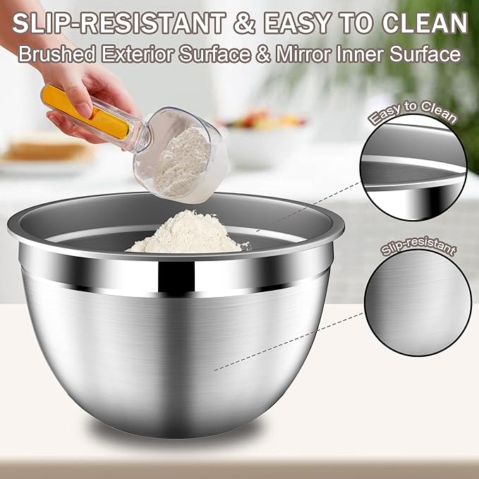 Stainles Steel Mixing Bowls with Lids Set, Stackable Metal Mixing & Serving Bowl with Strainer, 5-Piece - Beige