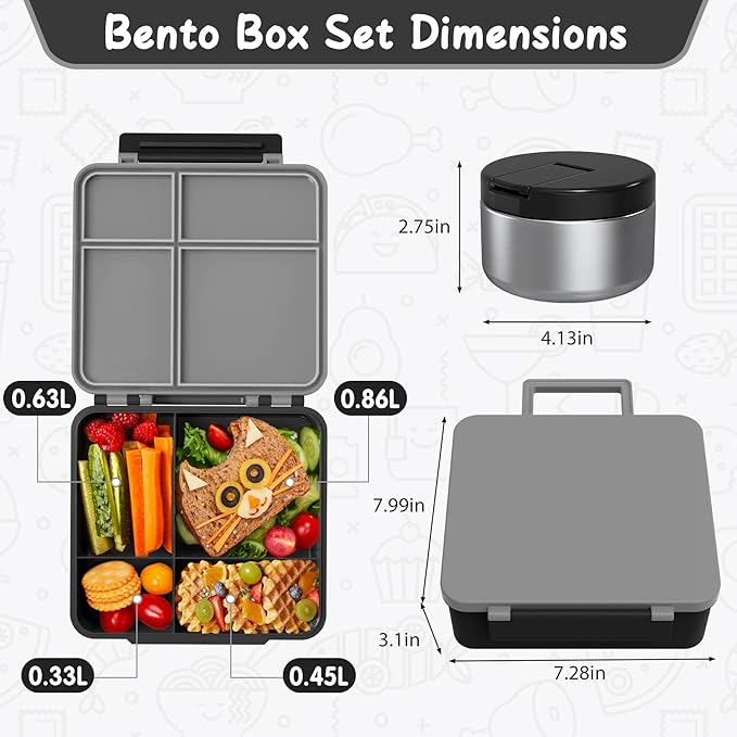 Bento Lunch Box Kids with 8oz Soup Thermo, Leak-Proof Lunch Containers with 4 Compartment, Thermo Hot Food Jar and Insulated Lunch Box for School Black