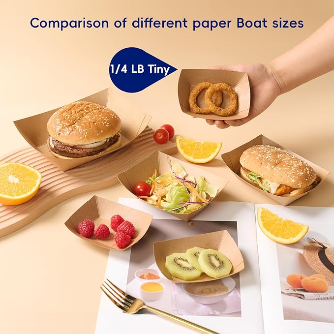 JOLLY CHEF 250 Pack 1/4 Lb Paper Food Trays, Mini Disposable Boat for Gameday, Paper Food Serving Tray for Snack Dessert Taco Nacho (Tiny)
