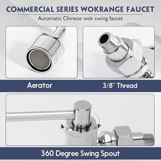 Swing Spout Brass Wok Range Faucet, 3/8" NPT Male Inlet, Commercial Grade Wall Mounted Kitchen Sink Faucet with 12" Swivel Spout