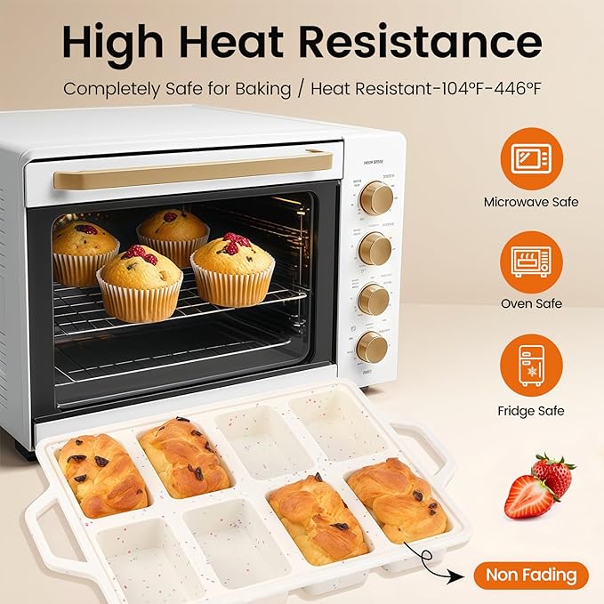 SJ Silicone Mini Loaf Pans with Metal Reinforced Frame-1 Pack, Non-stick Silicone Mini Bread Loaf Pans for Baking 8-Cavity, Tiny Banana Bread Set, Dishwasher Safe Brownie Pan-Cream