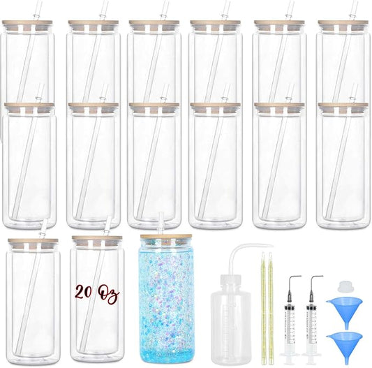 15 Pack Acrylic Snow Globe Tumbler, 20 Oz Pre Drilled Double Wall Snow Globe with Bamboo Lid Supplies Kit, Plastic Snowglobe Tumbler Diy Kit Including Cups And Diy Tools