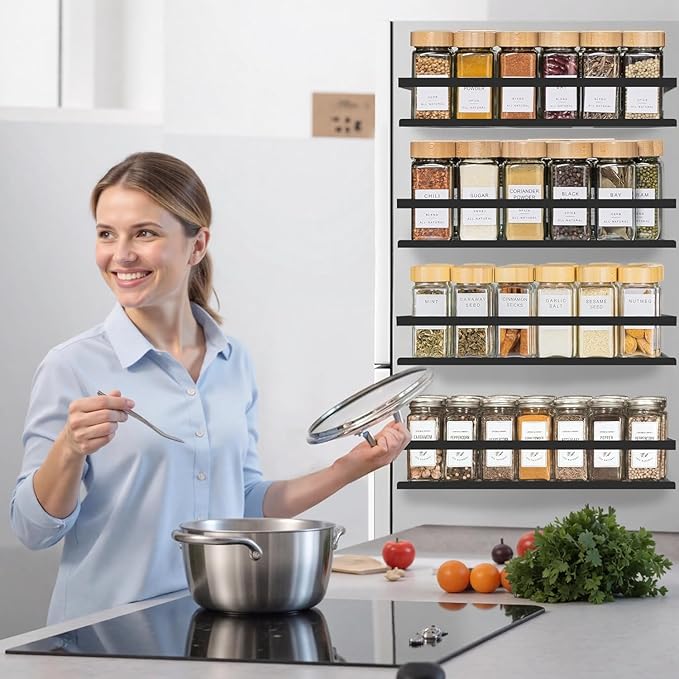 Magnetic Spice Rack Organizer for Fridge Seasoning Organizer for Kitchen storage with Screw Magnetic Shelf with Hook for Refrigerator and Oven (4pack-Black)