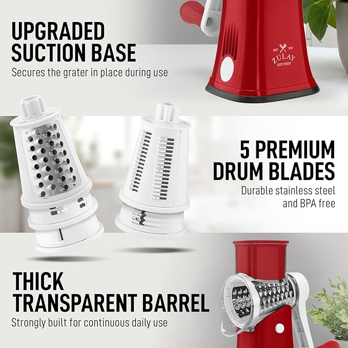 Zulay Kitchen Rotary Cheese Grater 5 Blade Cheese Shredder - Manual Hand Crank Cheese Grater With Reinforced Suction & 5 Interchangeable Drums - Easy to Use, Vegetable Chopper Round Mandoline Slicer
