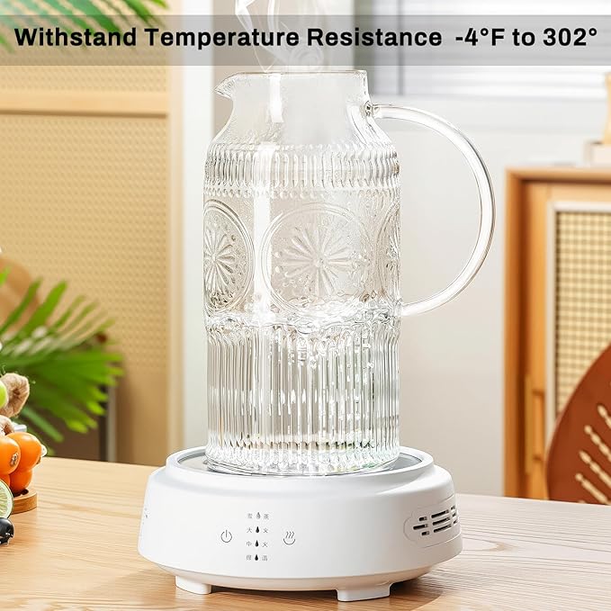 Glass Pitcher with Lid and Handle, 2 PACK 68 oz/2 Liter Vintage Embossed Sun Flower Water Pitcher, Clear Borosilicate Glass Water Carafe for Cold Brew, Iced Sun Tea,Beverage, Heat Resistant