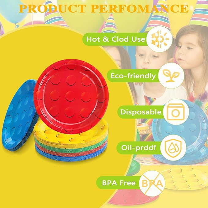 48Pcs Building Block Paper Plates, Colorful Building Bricks Themed Party Supplies 7" Building Block Disposable Plates for Birthday Baby Shower Party Decorations