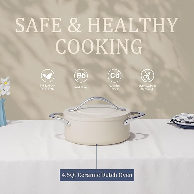 Stock Pot 4.5qt Dutch Oven Pot with Lid (9.5"x 4") Nonstick Ceramic Coated Cooking Pot Even Heat Distribution for Braising, Baking Bread & Soups, Compatible for All Cooktops, Cream