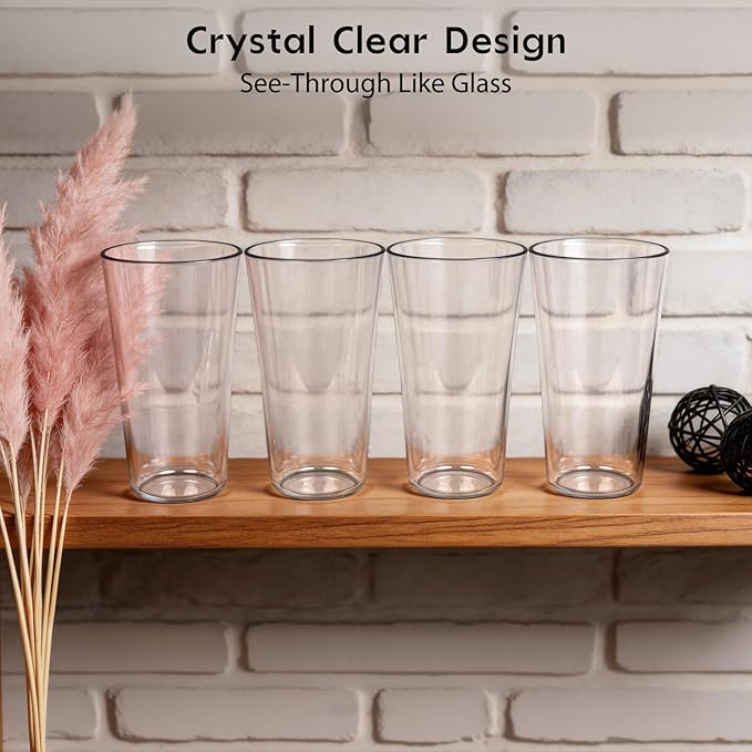 20oz Unbreakable Drinking Glasses (Set of 8), All-Clear Reusable Drinking Cups, BPA-Free, Shatter-Proof, Dishwasher & Microwave Safe, Stackable Plastic Tumblers for Home, Outdoor, Camping, Pool