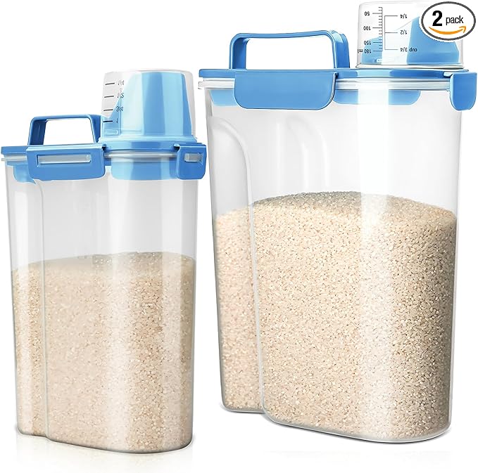 Rice Storage Container, 5 to 10lb Dry Food Airtight Dispenser, Pet Dog Cat Food Canister, BPA Free Clear Plastic Kitchen and Pantry Bin for Oatmeal, Cereal, Pasta, Flour Pack of 2 Blue