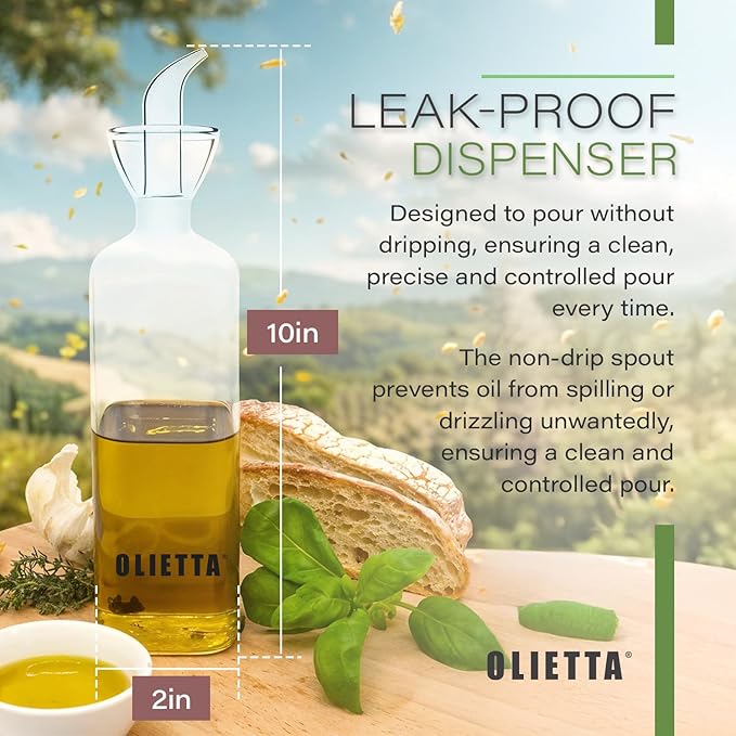 Olietta Olive Oil Dispenser Bottle Borosilicate Glass - Non Drip Oil Dispenser for Kitchen, Leak Proof Vinegar Drizzler Cruet, Easy Clean, 17 Ounces, Modern