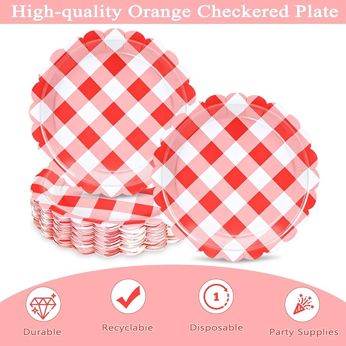 48 Pcs 7" Red Gingham Paper Plates, Red & White Checkered Disposable Party Plates, Plaid Dessert Tableware for BBQ, Picnic, Rustic Wedding, Birthday, Summer Party, Baby Shower Table Supplies