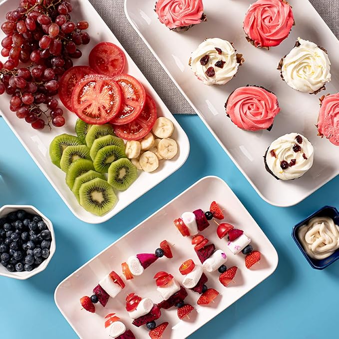 DELLING Large Serving Platter Set of 3, 16/14/12 Inch Porcelain Serving Trays for Party - White Ceramic Rectangular Platters for Entertaining, Appetizer Fruit Tray for Easter Bridal Shower Dinner