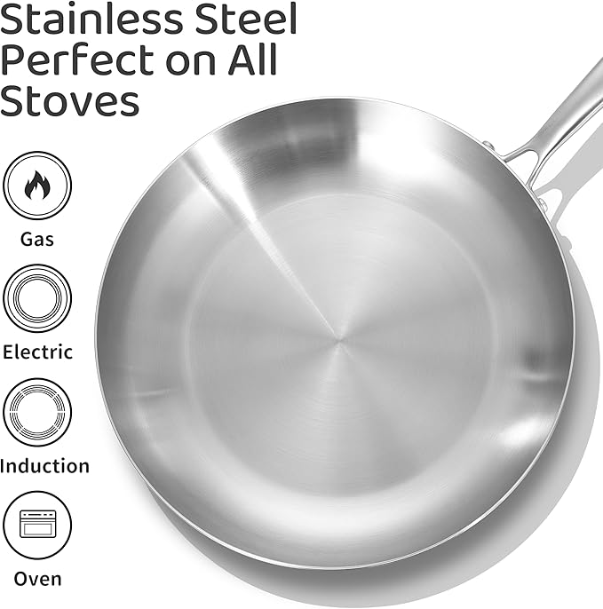 LOLYKITCH 12 Inch Tri-Ply Stainless Steel Frying Pan with Lid,Skillet,Induction Cooking Pan,Oven Safe and Detachable Handle