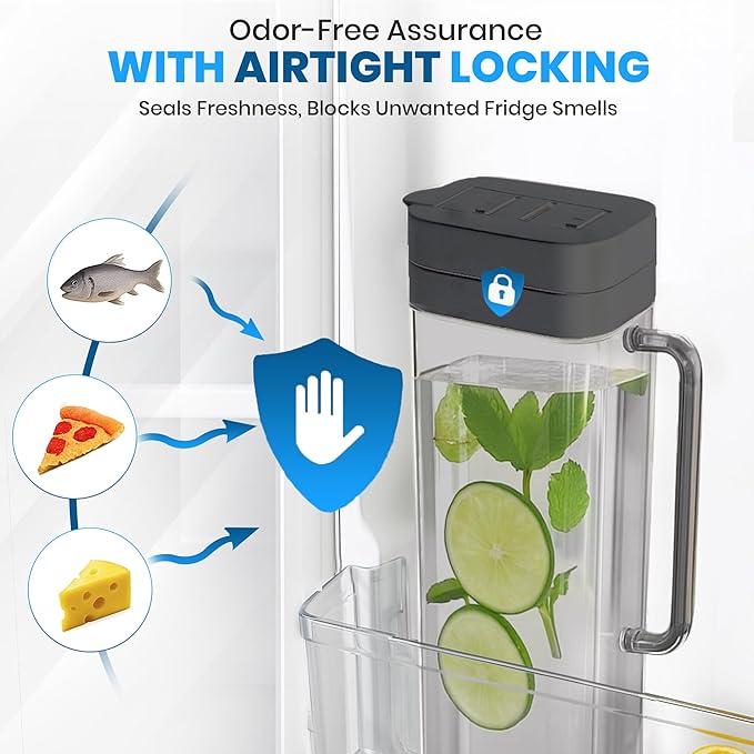 SlimFit 2 Quart (2 Liter) pitcher with lid - Water jug for fridge door - Leakproof 64oz plastic pitcher with lid - Drink Container for Juice, Iced Tea, Coffee, BPA-Free Plastic, Black