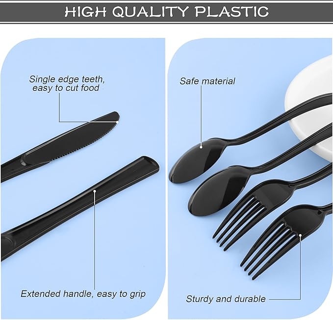 Kochorie 300 Pieces Graduation Black Plastic Silverware Heavy Duty Plastic Cutlery Set Heavyweight Disposable Utensils Includes Spoons Forks Knifes for Birthday Party Prom Night Wedding Dinner