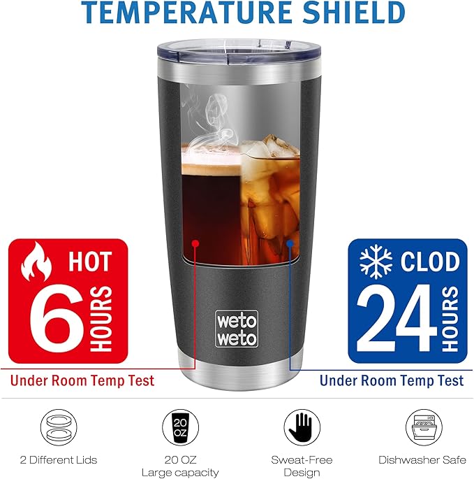 WETOWETO 20oz Tumbler with 2 lids and 2 straws, Stainless Steel Vacuum Insulated Coffee Tumbler Cup, Double Wall Powder Coated Leak-proof Travel Coffee Mug Cup (Black, 1 Pack)