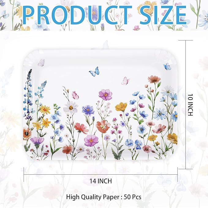 50Pcs Wildflower Serving Tray 10" X 14" Large Spring Floral Paper Platters Disposable Snack Serving Platter Heavy Duty Flower Butterfly Party Trays for Spring Wedding Birthday Party Decorations