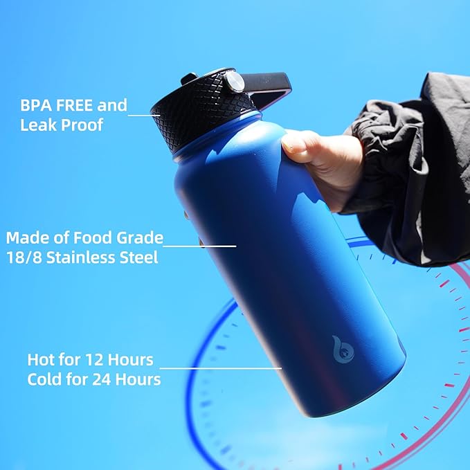 BJPKPK Insulated Water Bottles with Straw Lid, 40oz Stainless Steel Water Bottles with 3 Lids, BPA Free Leakproof Thermo, Tumblers, Cups for Sports, Gym- White Birch