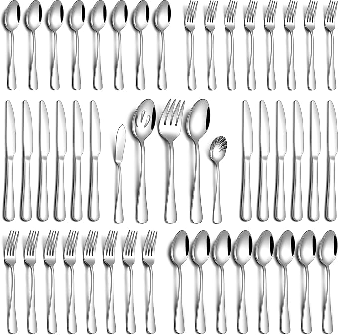 45 Piece Silverware Set with Serving Utensils, Stainless Steel Flatware Set for 8 Food Grade Novelty Flatware Cutlery Utensil Set Include Knife Fork Spoon Mirror Polished Dishwasher Safe