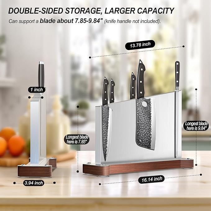 Large Magnetic Knife Block Holder Without Knives for Kitchen Counter, Stainless Steel Material Magnetic Knife Storage Stand Rack with Strong Double Sided Magnet and Wood Base - 16.15 x 11 Inches
