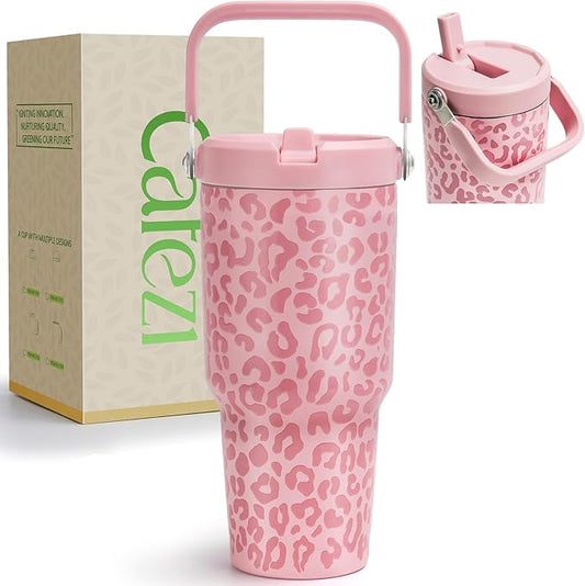 30 oz Flip Straw Tumbler, Stainless Steel Vacuum Insulated Tumblers with Handles, Reusable Insulated Water Bottle for Home, Office, Leakproof, Fit in Cup Holder