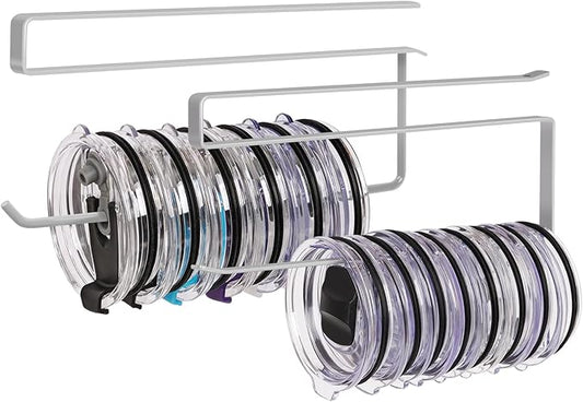 2 Pack Tumbler Lid Organizer, Horizontal Tumbler Lid Storage Hook Up to 20 Lids, Space Saving Cup Lid Holder Under Cabinet Tumbler Lid Hook for Kitchen Organizer, Paper Towel Hanger(Round&Flat, Grey)
