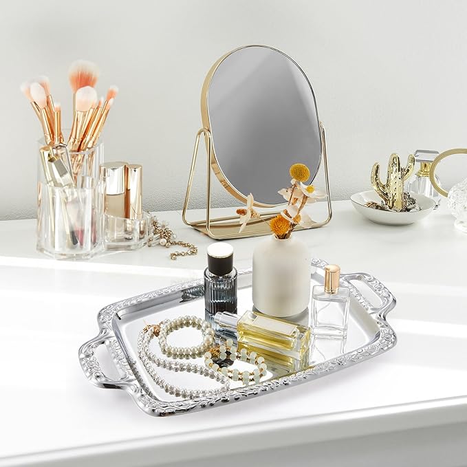 2 Pcs Silver Serving Tray Elegant Floral Metal Plate Silver Platter for Buffet Wedding Party Jewelry Decorative (Oblong with Handle)