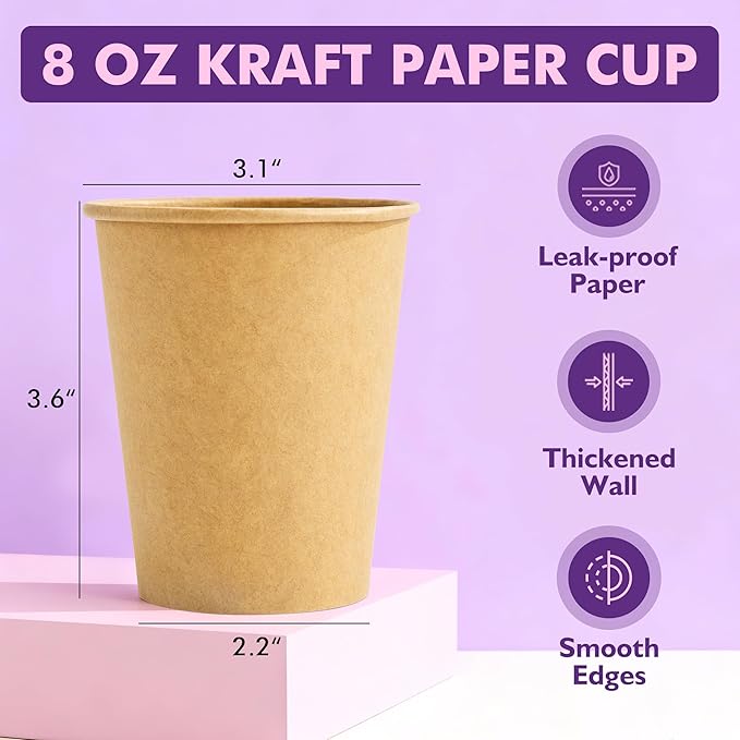 8 oz 200 Pack Disposable Paper Cups, Kraft Coffee Cups, Brown Paper Disposable Hot Cups for Coffee, Tea, Cocoa, Water