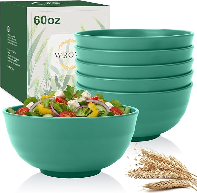 Wrova Wheat Straw Bowls 60oz, Unbreakable Large Cereal Bowls Set of 6, Plastic Bowls Reusable Salad Soup Bowls Microwave Safe, Big Bowl for Kitchen and Apartment, Large Bowls for Eating- Green