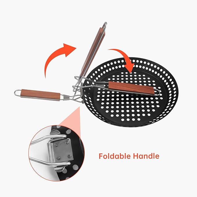Grilling Skillet with Foldable Handle, 12" Grill Pan for Outdoor Grill, Non-Stick Grill Basket for Pizza BBQ Fry Vegetables Seafood Chapati