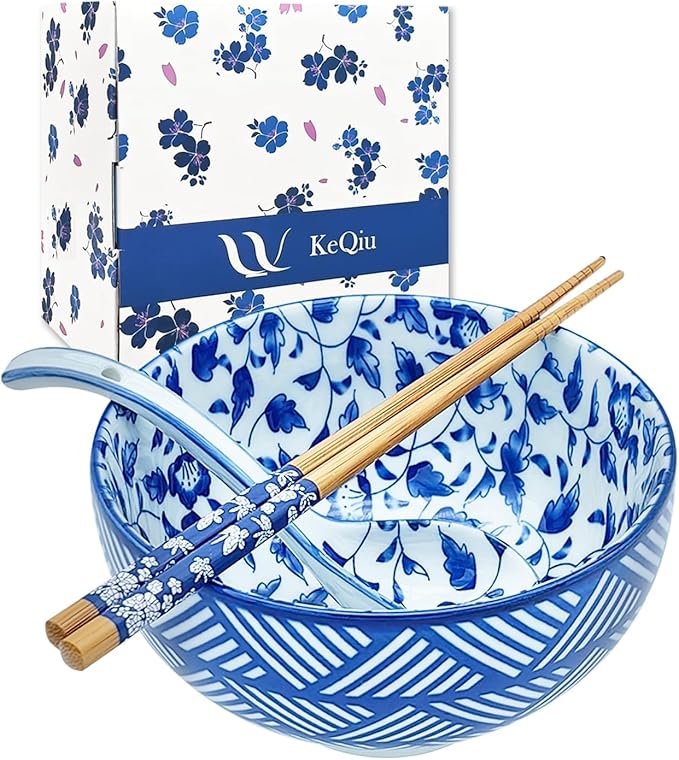 Japanese 28 Oz Ceramic Ramen Noodle Soup Cereal Pho Rice Salad Bowl Set with Chopsticks and Spoons, Premium Gift Set for House Warming, Birthday, Holiday, Microwave Safe, Dishwasher Safe