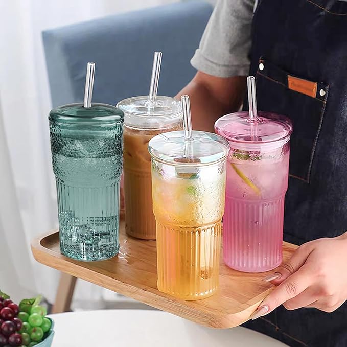 Glass Coffee Cups with Lids and Straws, 20 OZ Green Iced Water Glasses Tumblers for Ice Juice, Tea, Milk, Smoothie and Cold or Hot Drinks, Set of 2