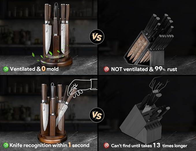 Kitchen Knife Set with Magnetic Block and Sharpener 14 Piece Knife Set 360° Rotatable Holder Ultra Sharp High Carbon Stainless Steel Knives Sets with Steak Knives, Ideal Gift