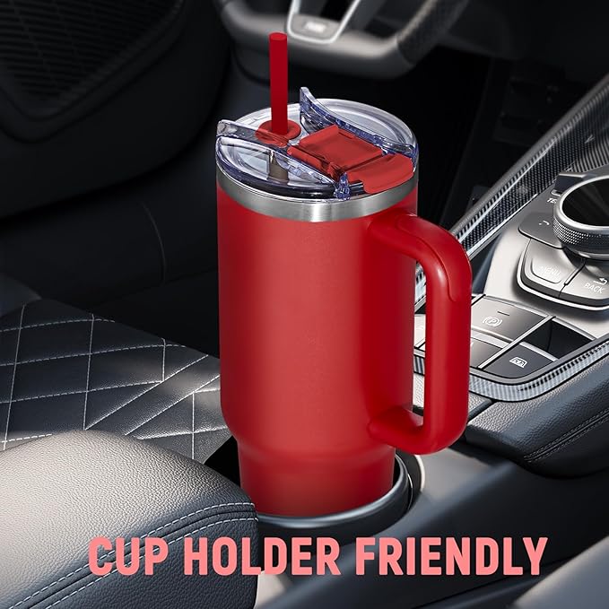COKTIK 40 oz Tumbler With Handle and Straw, Insulated Tumbler With Leakproof Lids, Stainless Steel|BPA-Free, Cold for 24 H (Red)