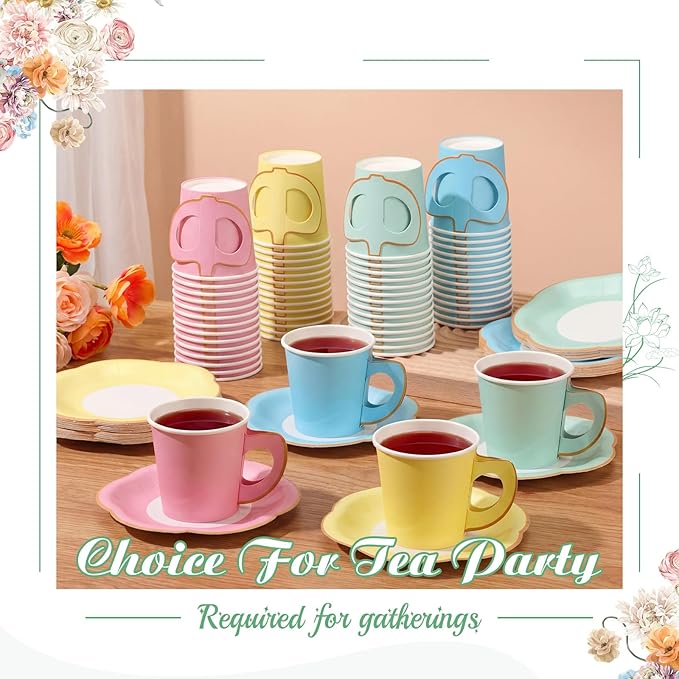 Umigy 60 Sets Pastel Tea Party Decorations 6.5 oz Paper Teacups & Saucer Set for Girls Women Afternoon Tea Parties Mothers Day Bridal Shower Wedding Birthday Party Decorations(Pastel)