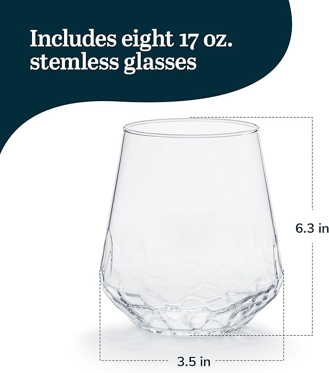 Libbey Hammered Stemless Wine Glasses Set of 8, 17.75-ounce, Dishwasher-Safe, Chiseled Textured Glassware Set, All Purpose Wine Glasses for Everyday Use