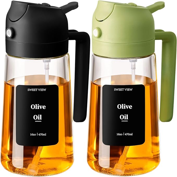 2PCS Olive Oil Sprayer for Cooking, 16oz/470ml Glass Oil Dispenser/Pour Bottle, Kitchen Accessories, Kitchen Gadgets for Air Fryer, Salad, BBQ, with Stickers (Black,Green)